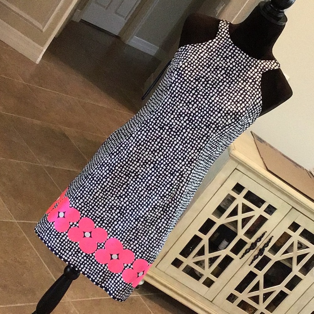 Trina Turk Black & White Polka Dot Shift Dress with Pink Floral Hem